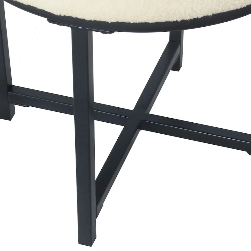 Round Upholstered top Ottoman on metal frame - Cream Faux Sheepskin