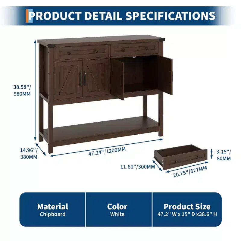 47.2inch Large Sideboard Buffet Cabinet, Farmhouse Coffee Bar Cupboard Cabinet Storage, Wood Console Table with 2 Drawers for Kitchen Living Room