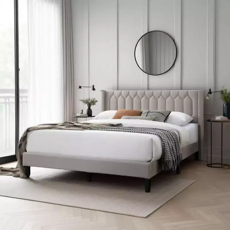 Queen Size Platform Bed, Geometric Stitched Light Brown Burlap Upholstery, Slatted Base, No Box Spring Needed