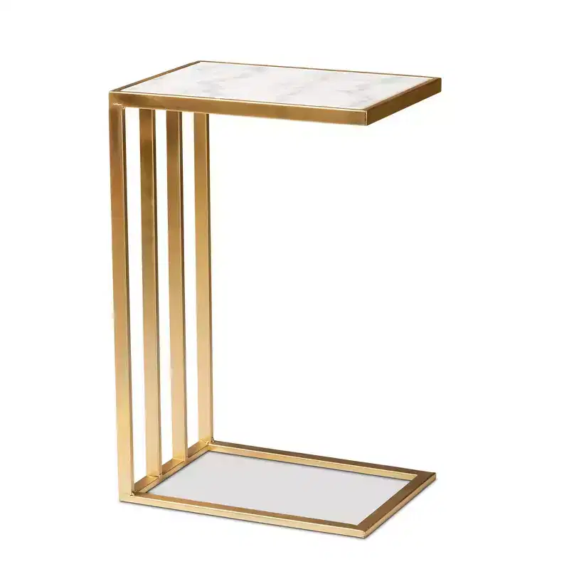 Metal C-Shaped End Table with Marble Tabletop, Gold