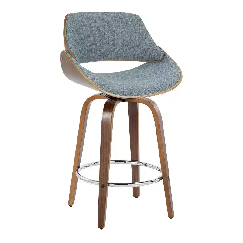 LumiSource Set of 2 Fabrizzi Counter Height Barstools Walnut/Blue : Upholstered Swivel, Kitchen-Compatible