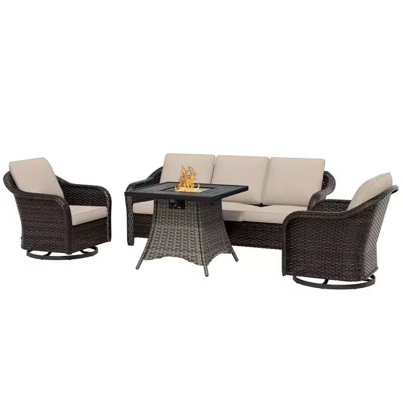 UPTIOT Outdoor Patio Set: 3-Seat Sofa, 2 Swivel Rocking Chairs & 50,000 BTU Fire Pit for All-Weather Comfort and Warmth