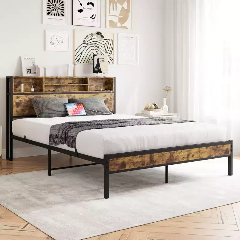 Queen Size Metal Bed Frame with Storage Headboard and Charging Station, Black