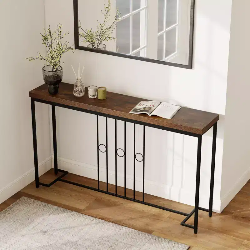 Industrial Console Table 55'' Narrow Table w/ H-Shaped Base & Spacious Tabletop