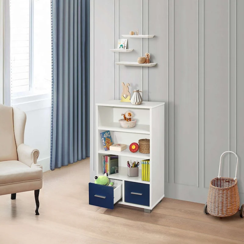 Kids Toy Storage Organize, Children Bookcase with Drawers, White/Blue