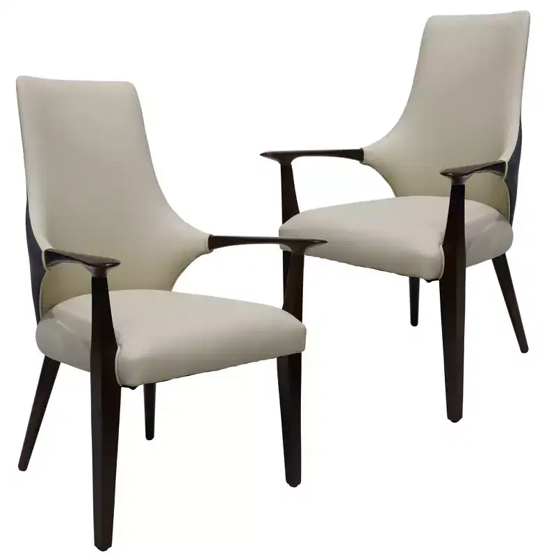 Grey / Taupe Mid-Century High-Back Leather Dining Arm Chair with Wood Legs – Set of 2 (Seats 1 per Chair)