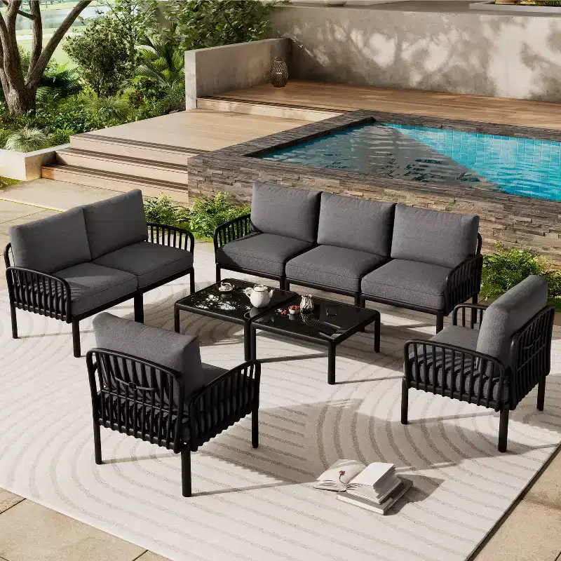 Christopher Knight Home Leah 7 Seater Outdoor Plastic and Glass Upholstered Conversation Set