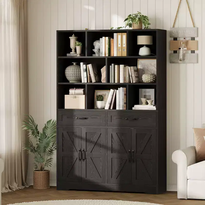 71 Tall Bookcase with with 2 Drawers, 5 Tier Wooden Bookshelf with Adjustable Shelves, Floor Standing Open Display Shelves for Living Room