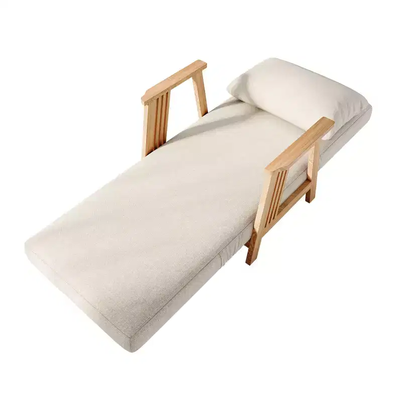 Convertible Fabric Accent Armchair Futon Sleeper Chaise, Solid Wood Frame, Beige