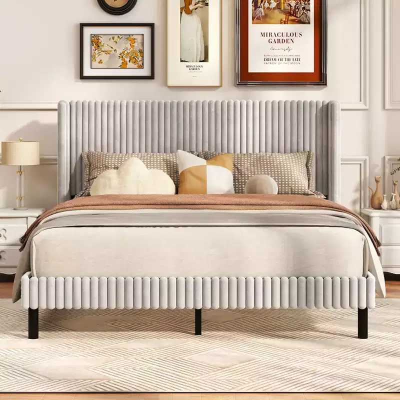 Velvet Bed Frame Upholstered Platform Bed with Wingback Headboard
