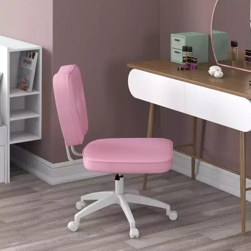 Cute Armless Office Chair, Desk Chair with Wheels and Adjustable Height, Small Vanity Chair for Office, Home, Pink