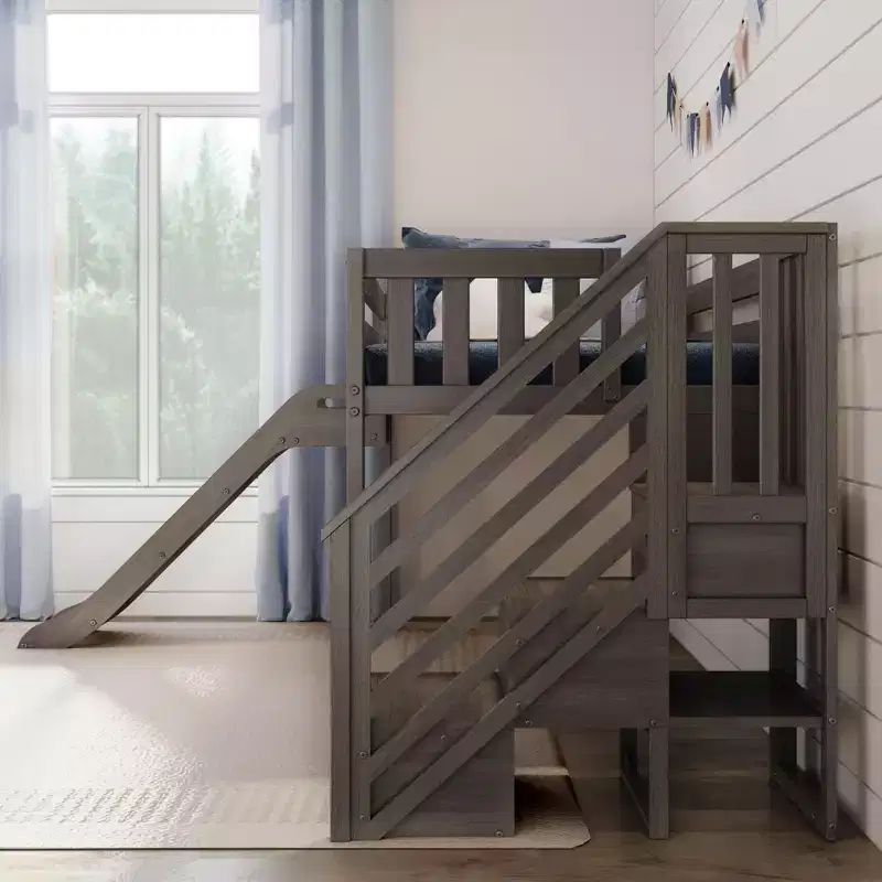 Kids Twin Low Loft Bed with Slide & Stairs, Solid Wood, 14