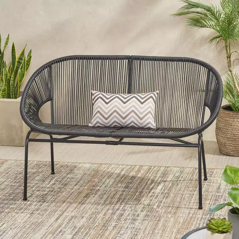 Okak Industrial PP Rattan Patio Loveseat Iron 2-Seater Accent Chair,Modern Outdoor Lounge Chair for Porch,Backyard&Garden,Patio Furniture Seating