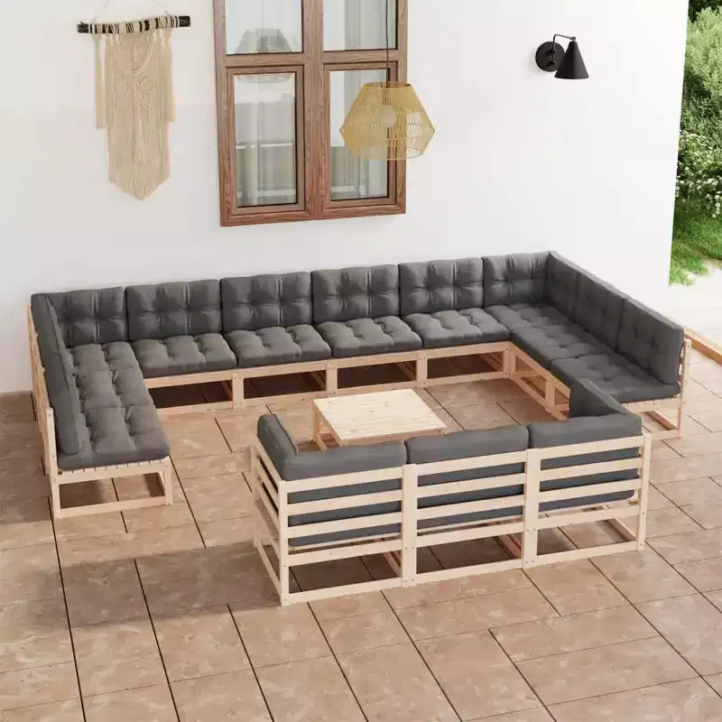 vidaXL 14 Piece Patio Lounge Set with Cushions Solid Wood Pine - Natural With Cushion