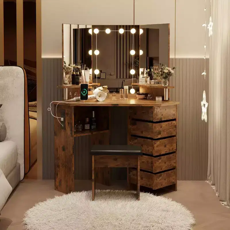 Acekool Corner Vanity Desk with Mirror, 5 Rotating Drawers, Power Outlets, Adjustable Lighting, Shelves & Stool for Bedroom, Makeup Dressing Table