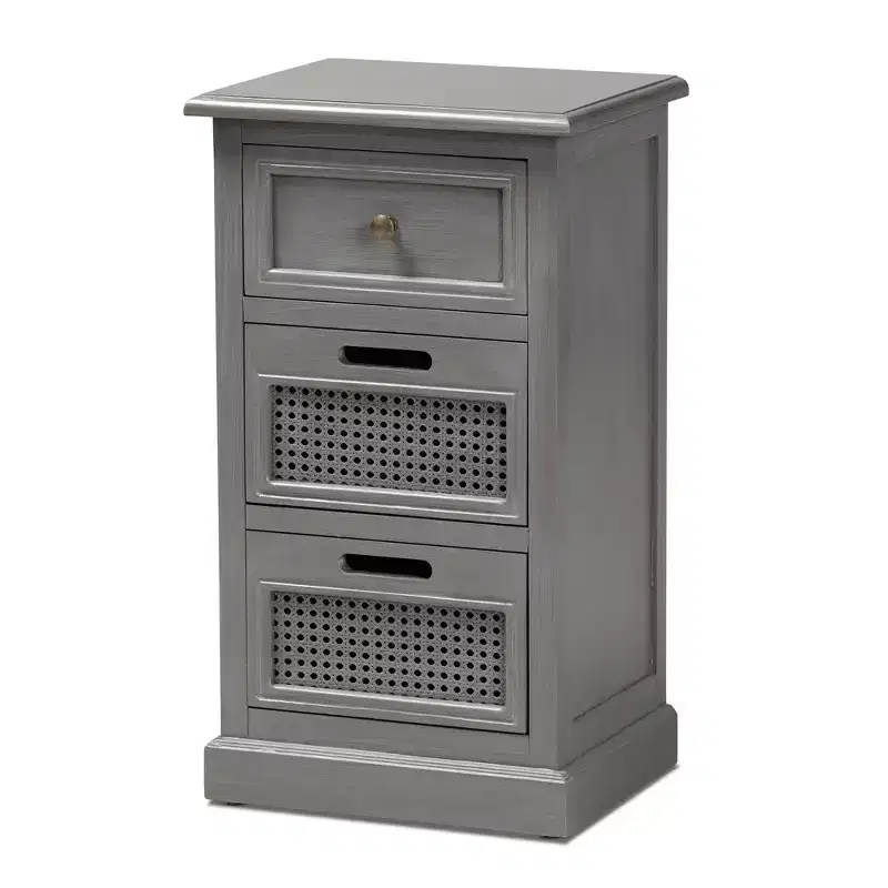 Sheldon Vintage Wood and Synthetic Rattan 3 Drawer Nightstand Gray - Baxton Studio