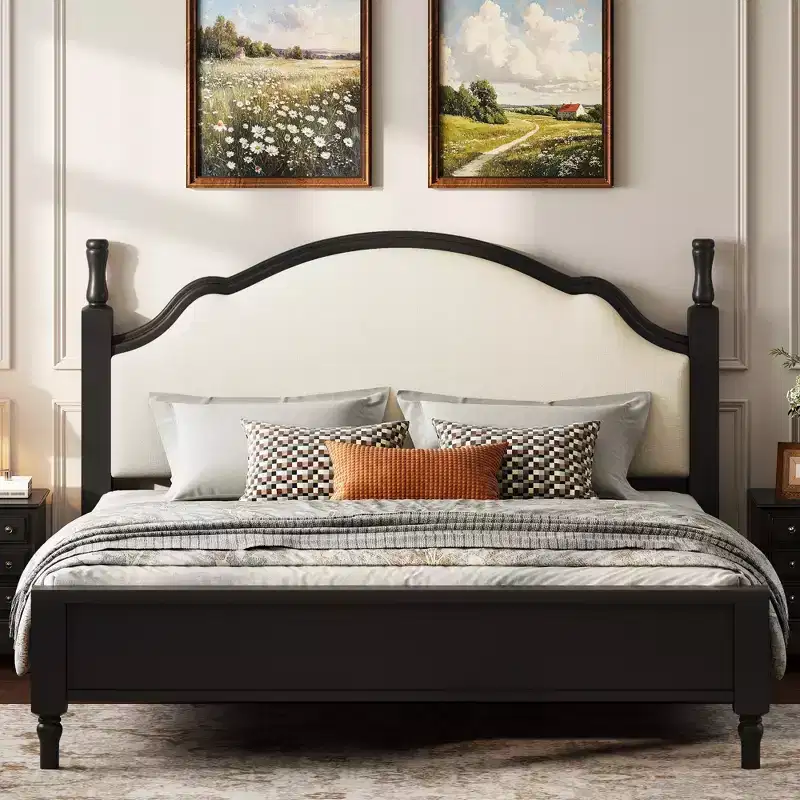 ModernLuxe Queen/King Size Platform Bed with Upholstered Curved Headboard, Pine Wood Bed Frame, No Box Spring Needed