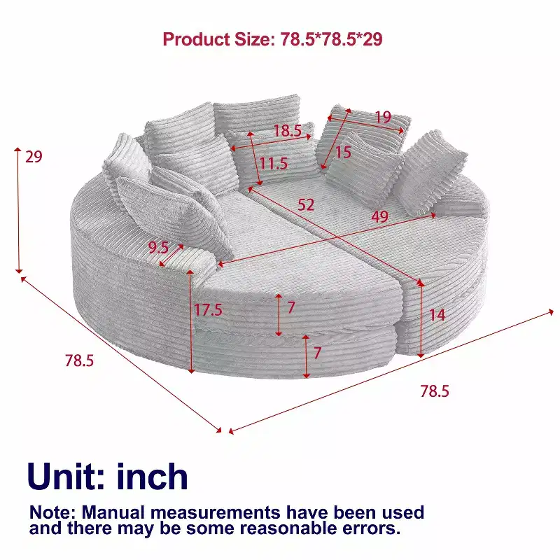 78.5in Corduroy Round Oversized Recliner, 2 in 1 Sofa Bed Converts into Two Recliners, Neck Pillow Design With Five Throw Pillows, No Assembly