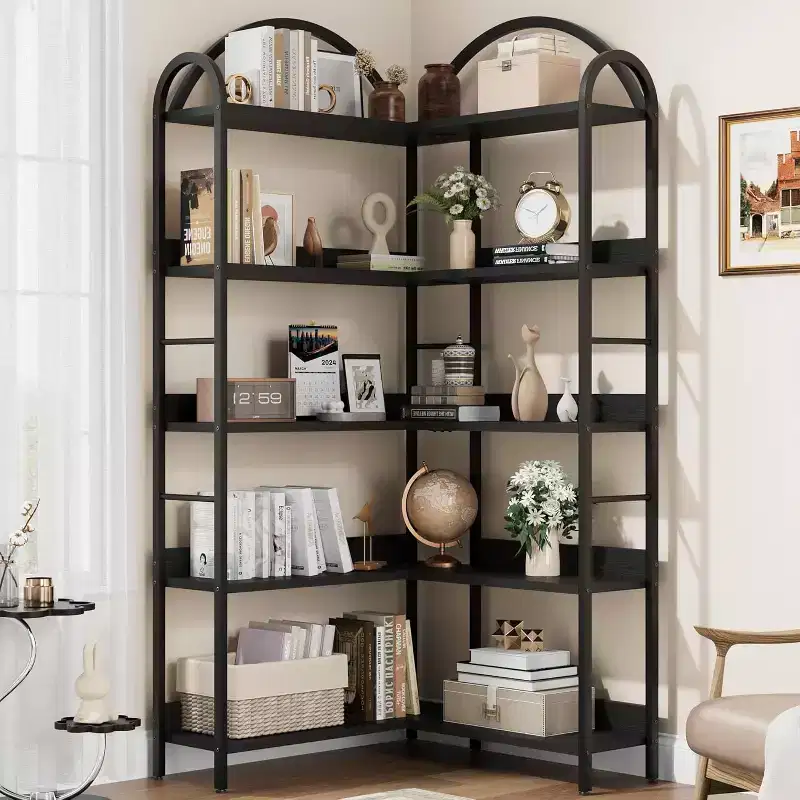 Corner Bookshelf, L Shaped Bookshelf Arched 5 Tier Corner Shelf with Metal Frame for Living Room Bedroom