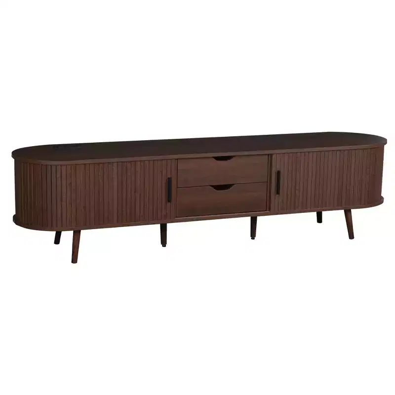 70 Mid-Century Modern TV Stand with Tambour Doors, Drawers and Built-In Power Outlet for 80 TV, Walnut