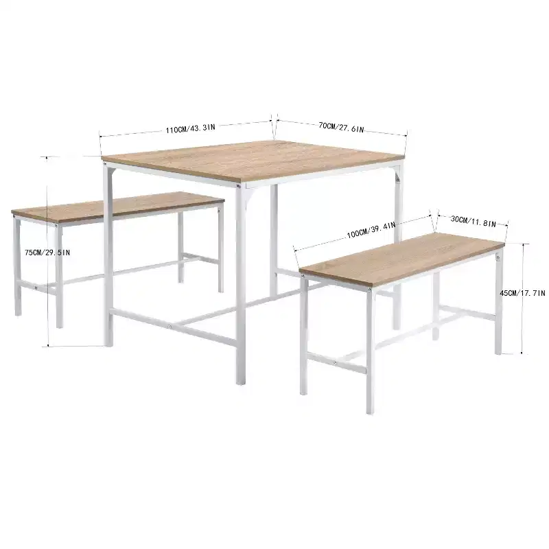 FurnitureR Dining Table Set 3 Pieces, 43.3 Inch Kitchen Table with 2 Dining Benches for 4, MDF Board, Dinette for Home, Restaurant, Beech White