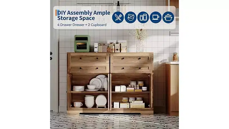 Storage cabinet with 4 drawers and 4 doors, suitable for dining rooms and living rooms