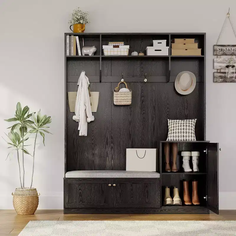 Hall Tree with Bench and Shoe Storage, 3-in-1 Farmhouse Entryway Bench with Coat Rack, 4 Hooks, 4 Shoe Cubbies & 3 Open Compartments, for Home
