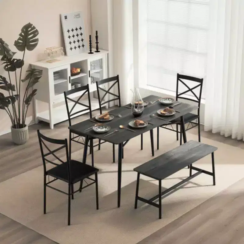 karl Home 1 Table, 1 Stool, 4 Chairs, Black Iron Pipe, Gray Soft Cushion, Dining Table and Chair Set