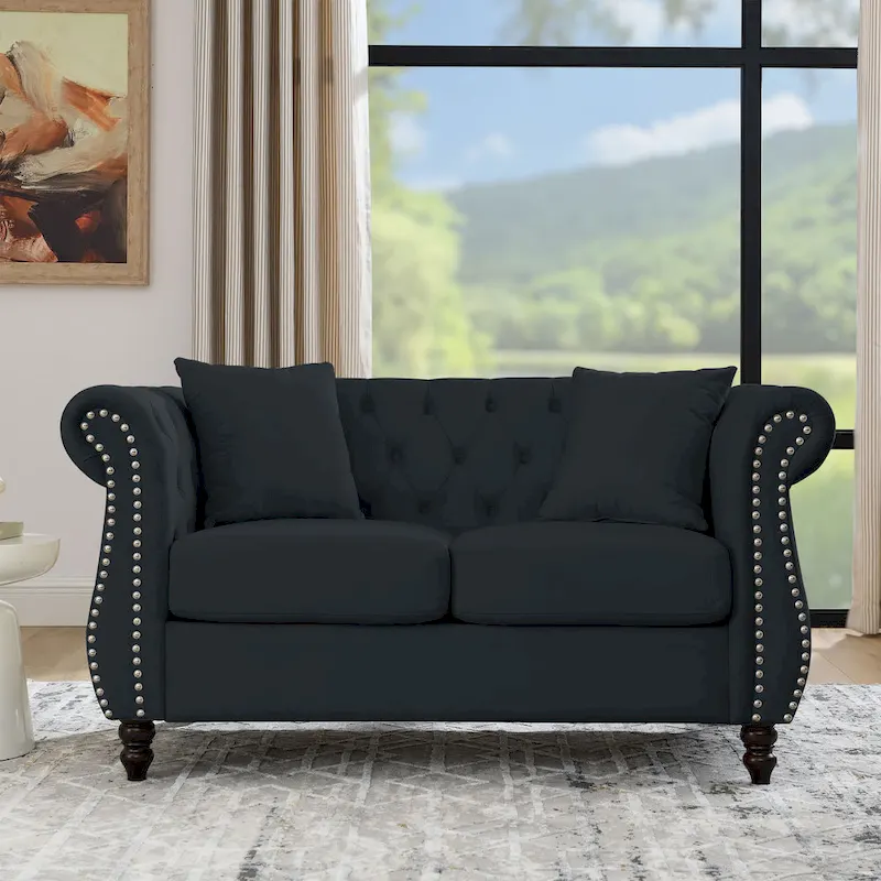 2-Seater Chesterfield Sofa with Rolled Arms and Nailhead Trim – Black Velvet