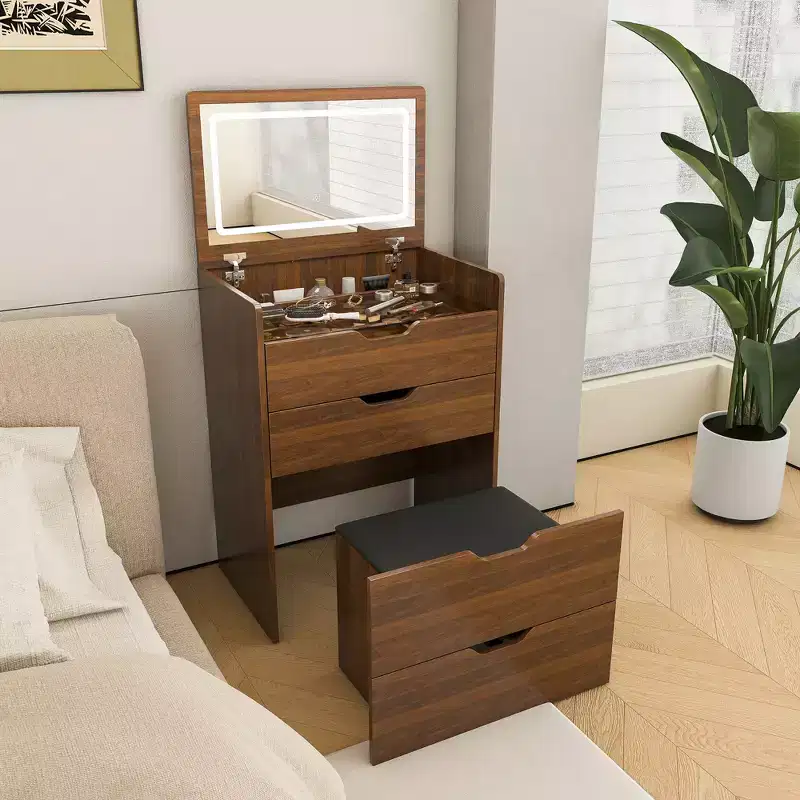 JVNOXK 23-inch 3-in-1 Vanity with Lighted Mirror and Stool, Flip-Top Design, Suitable for Bedroom or Bathroom, Storage Capacity, Walnut Finish
