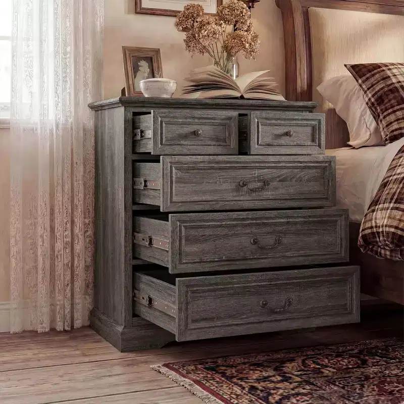 Farmhouse Nightstand Bedside Table, 5-Drawer Chest Dresser with Antique Bronze Knobs, Bedroom Storage