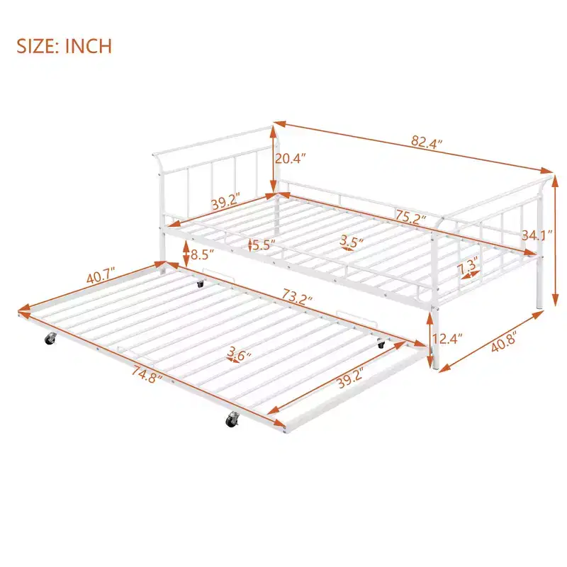 Bellemave Twin Size Daybed with Trundle Twin, Heavy Duty Daybed with Curved Handle and Slats, Metal Daybed for Kids, Girls, Boys, White