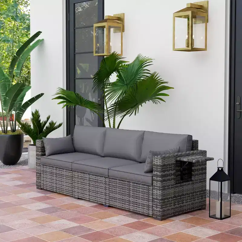 3 Seater Wicker Sofa with Side Trays, Outdoor Patio Couch with 6 Thick Back Cushions, Deep Seating