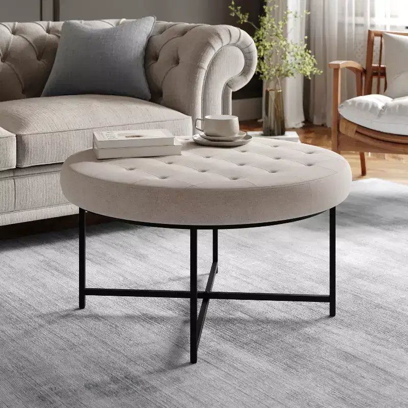 34-Inch Round Cotton-Linen Tufted Ottoman (with Metal Frame)