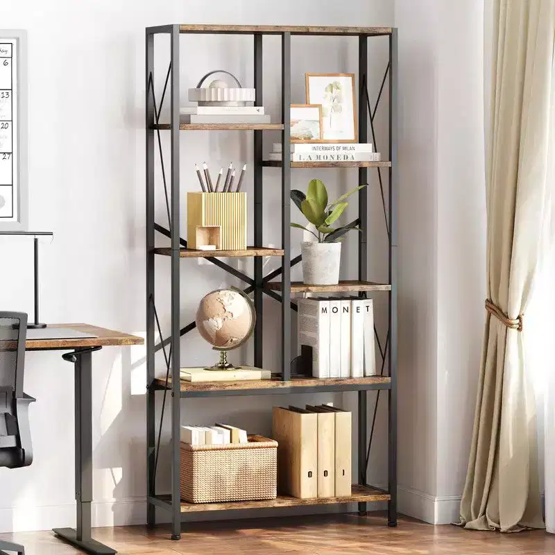 Industrial Bookshelf, Split Level Vintage Storage Bookcase Tall Standing Metal Frame Open Display Racks for Bedroom, Living Room