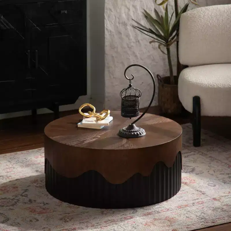 Round Wooden Coffee Table with Walnut Veneer Top