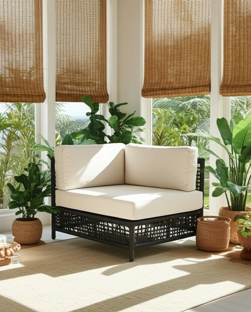 Corner Outdoor Chair Black Wicker with Beige Cushions Transitional Style
