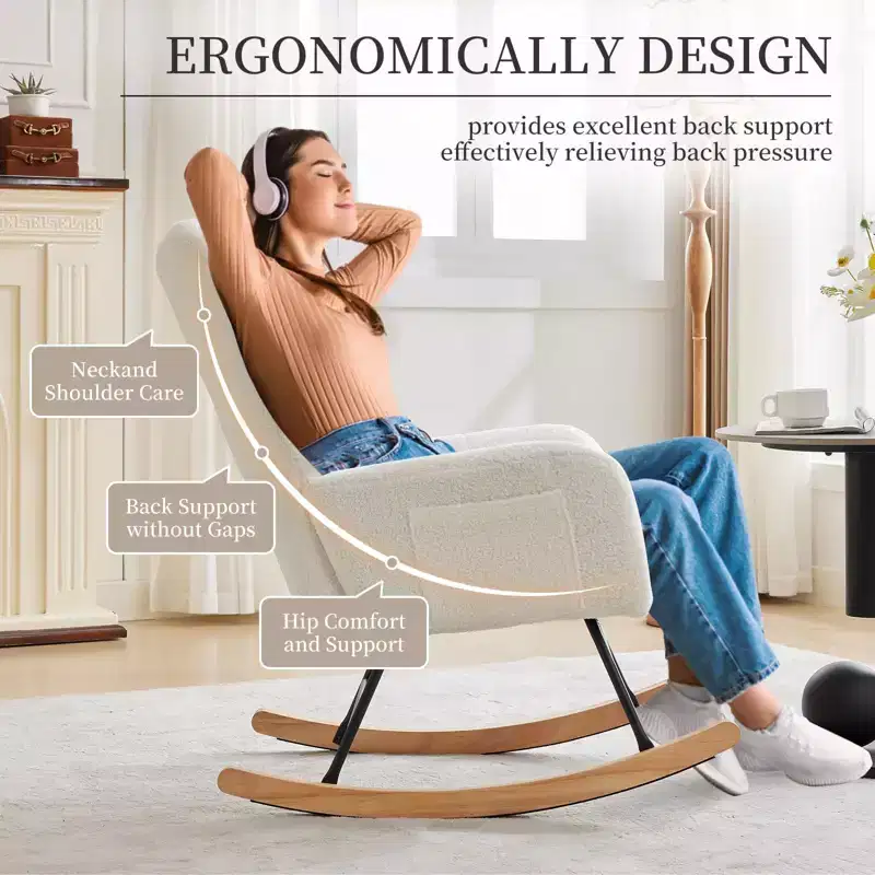 Upholstered Glider Rocking Chair with High Backrest and Side Pockets