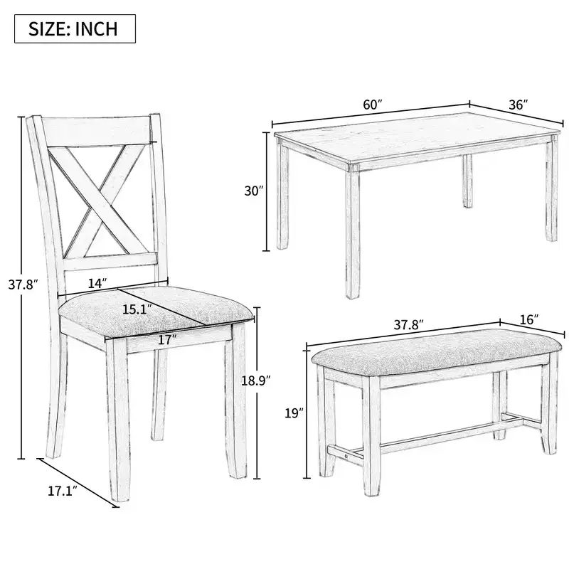 Farmhouse 6 Pieces Dining Set with Bench for 6, Wooden Rectangle Table and 4 Upholstered Chairs