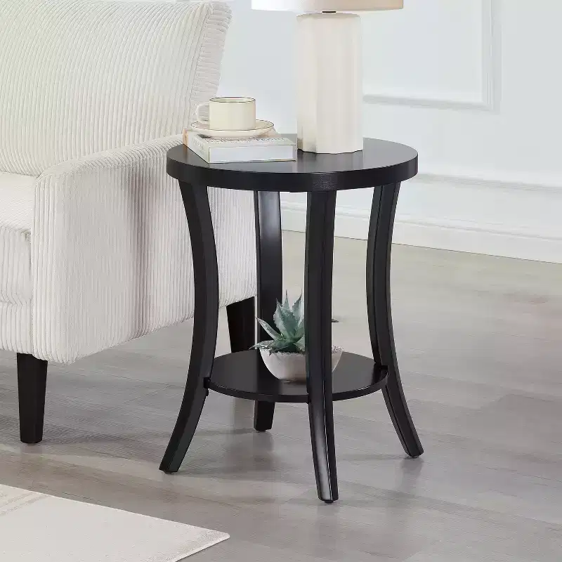 Round End Table with Shelf Two-Tier Storage Accent Furniture with Curved Legs and Smooth Veneer Finish for Home