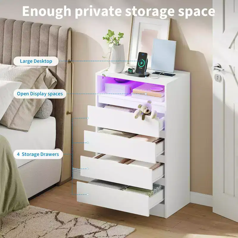 4 Drawer Dresser, White LED Dresser with Charging Station, Anchors to Wall, 6-Color Adjustable Light Strip, Suitable for Bedroom, Living Room