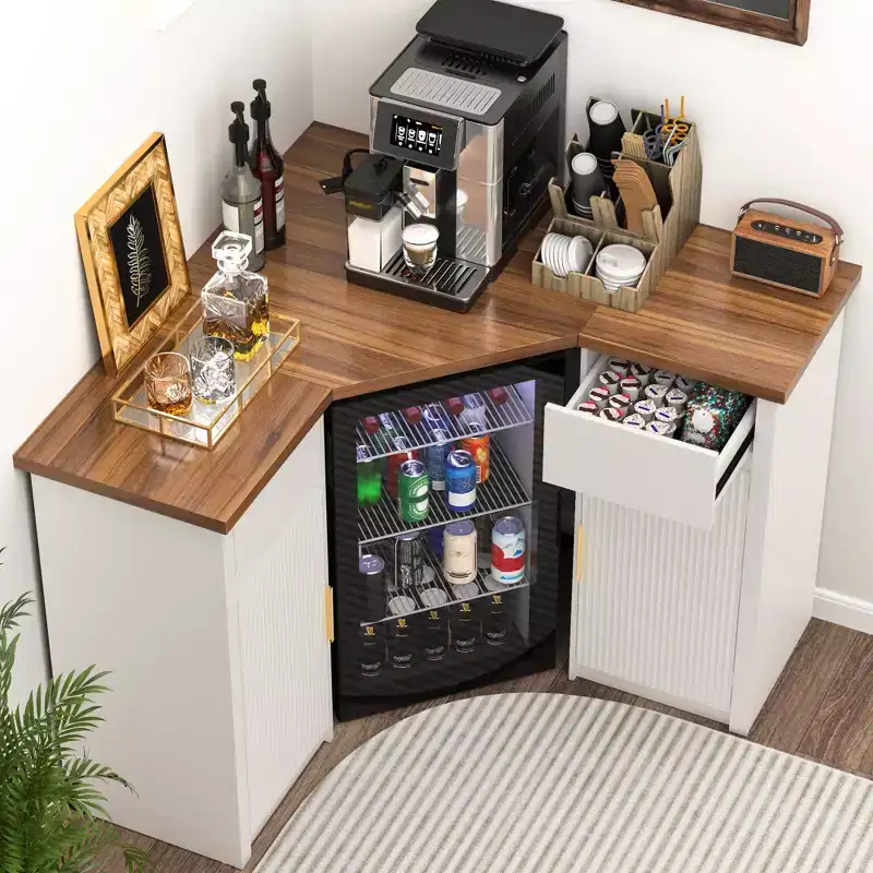 Corner Bar Cabinet with Fridge Space, Corner Coffee Bar Station for Home