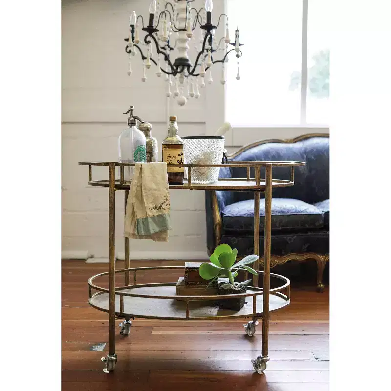 Oval 2-Tier Bar Cart on Casters Gold (34-1/2"Lx30"H) - : Rolling Beverage & Tea Serving Trolley