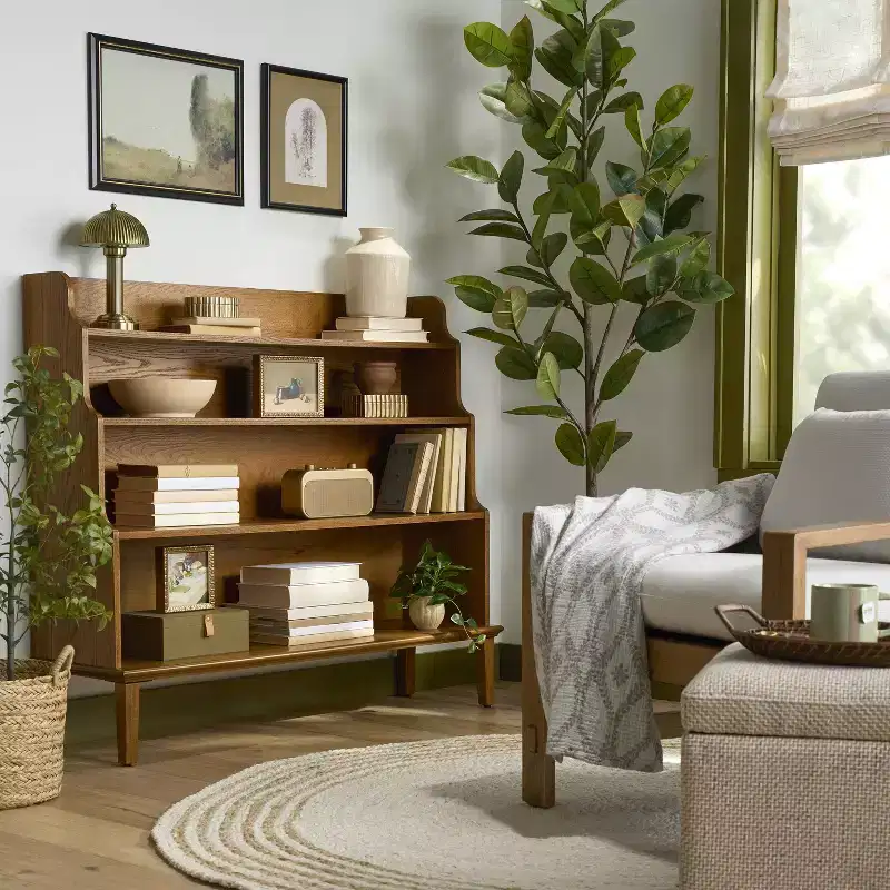 Wide Waterfall-Style Bookshelf – Oak Brown