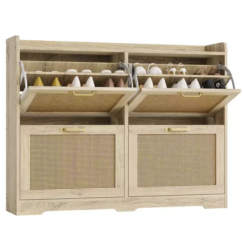 Rattan Shoe Storage Cabinet with 4 Flip Drawers, Hidden Shoe Storage Organizer, Wide Freestanding Wood Breathable Shoe Rack Cabinet