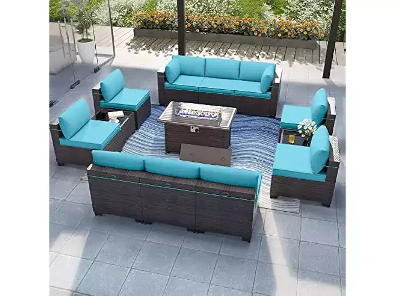 ALAULM 13 Pieces Patio Furniture Set, Rattan Wicker Outdoor Conversation Sets, Furniture Sofa Set w/43in Propane Fire Pit Table