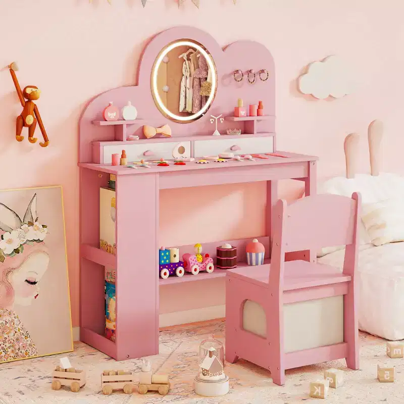 Kids Vanity with LED Lights, 2 Drawers, 2-Tier Bookshelf, 3 Hooks and 2 Open Shelves, White/Pink