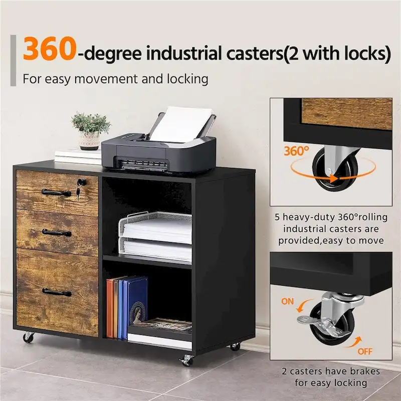 Rolling File Cabinet on with 3 Drawers and 2 Shelves