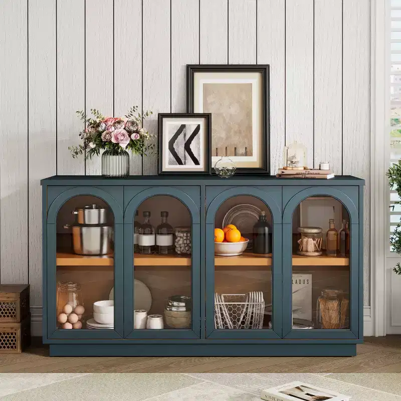 Modern Arched Glass Door Sideboard Buffet Cabinet, Media Console with Adjustable Shelf, Push-to-Open System - Panipeachy