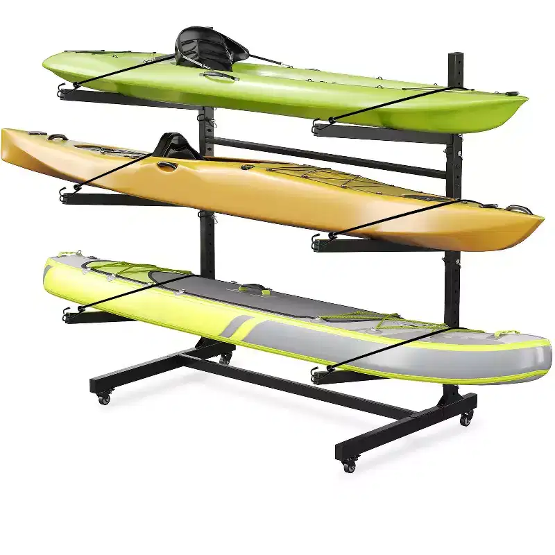 Heavy Duty 3-Tier Freestanding Kayak Rack, Steel Storage Rack with Lockable Wheels, Holds Kayaks, Canoes, SUPs, Surfboards up to 120 lbs, for Garage